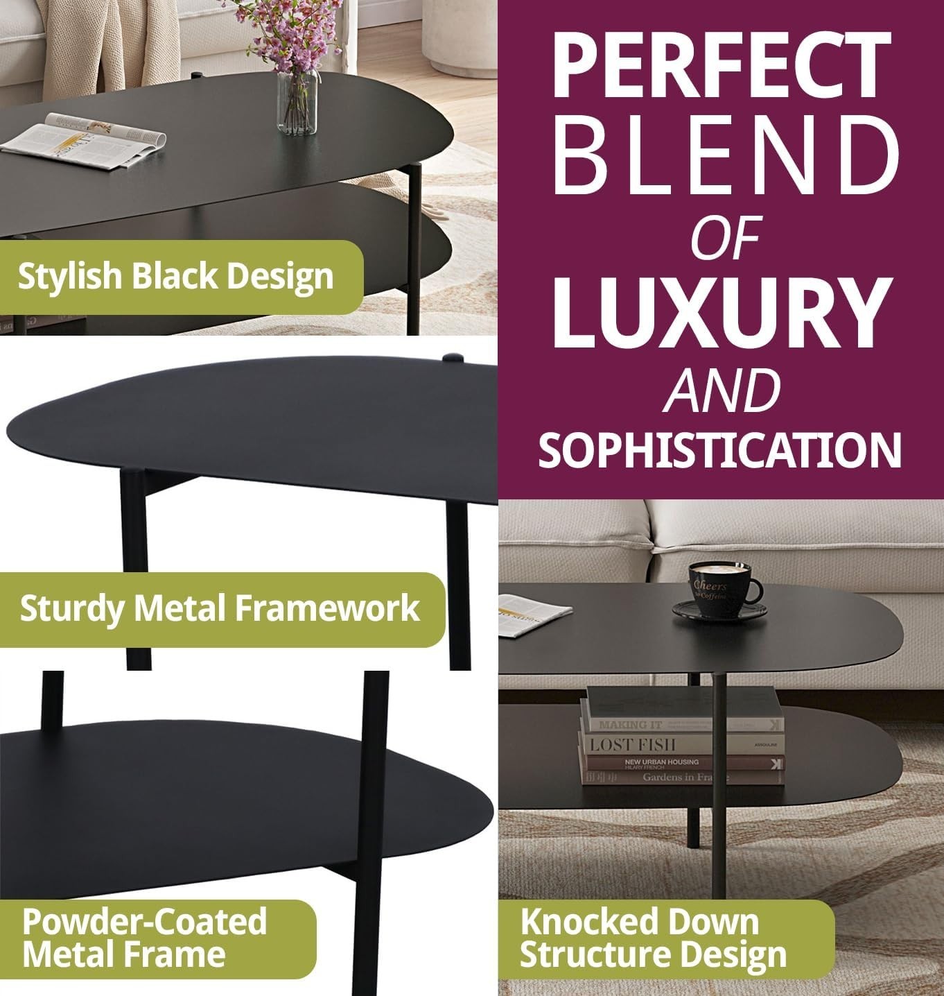 Black Oval Coffee Table with Shelf, Metal Frame 100x50x45cm