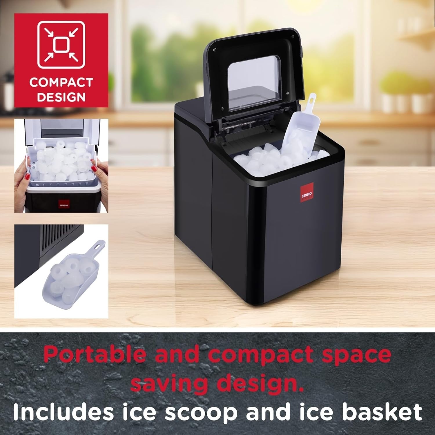 Fast Ice Cube Maker 9 Cubes in 9 Mins, 1.5L Tank, Self-Cleaning Countertop