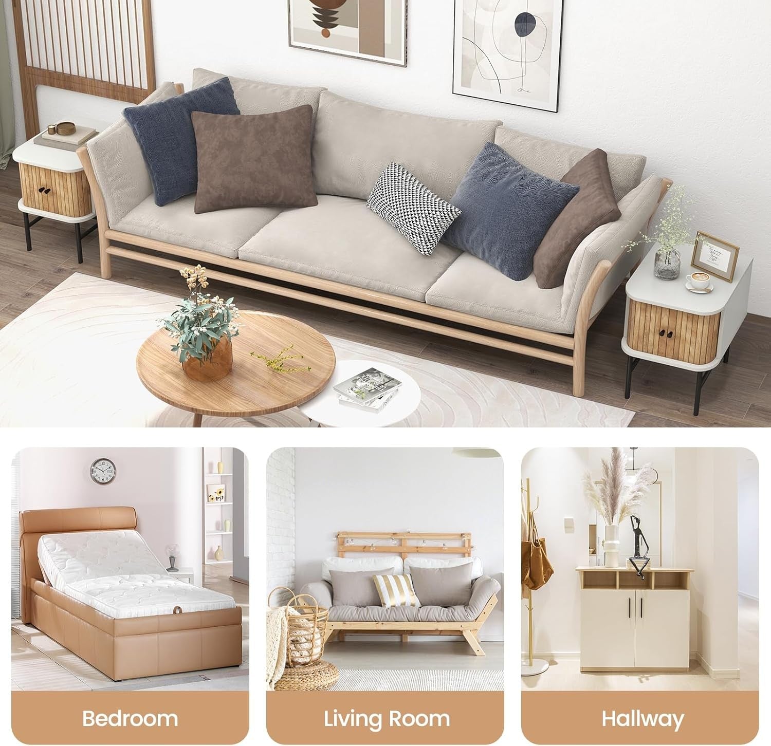 White Bedside Table with Sliding Doors & Metal Legs – Compact Modern Nightstand