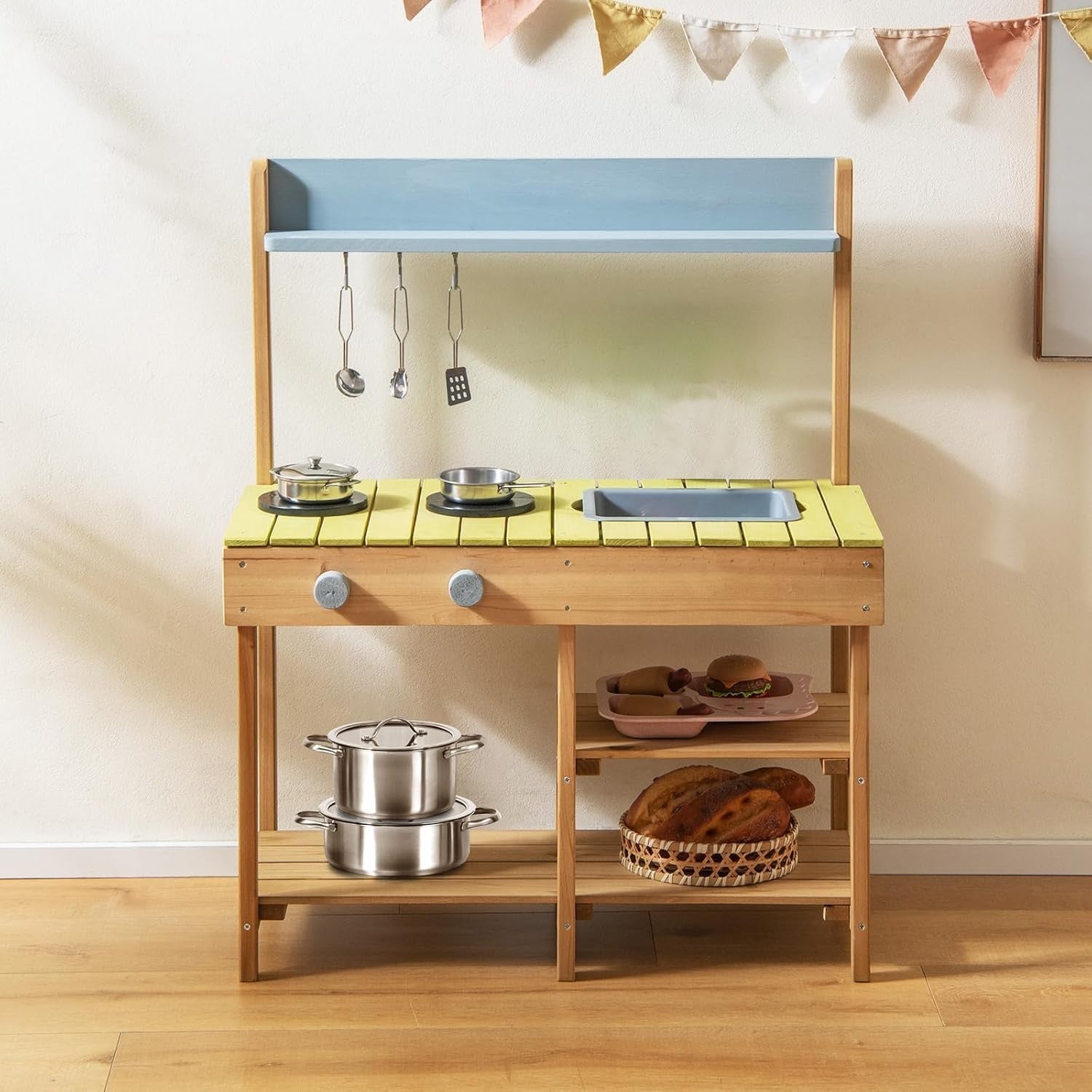 Outdoor Kids Mud Kitchen Wooden Playset Sink Stove Garden Toy
