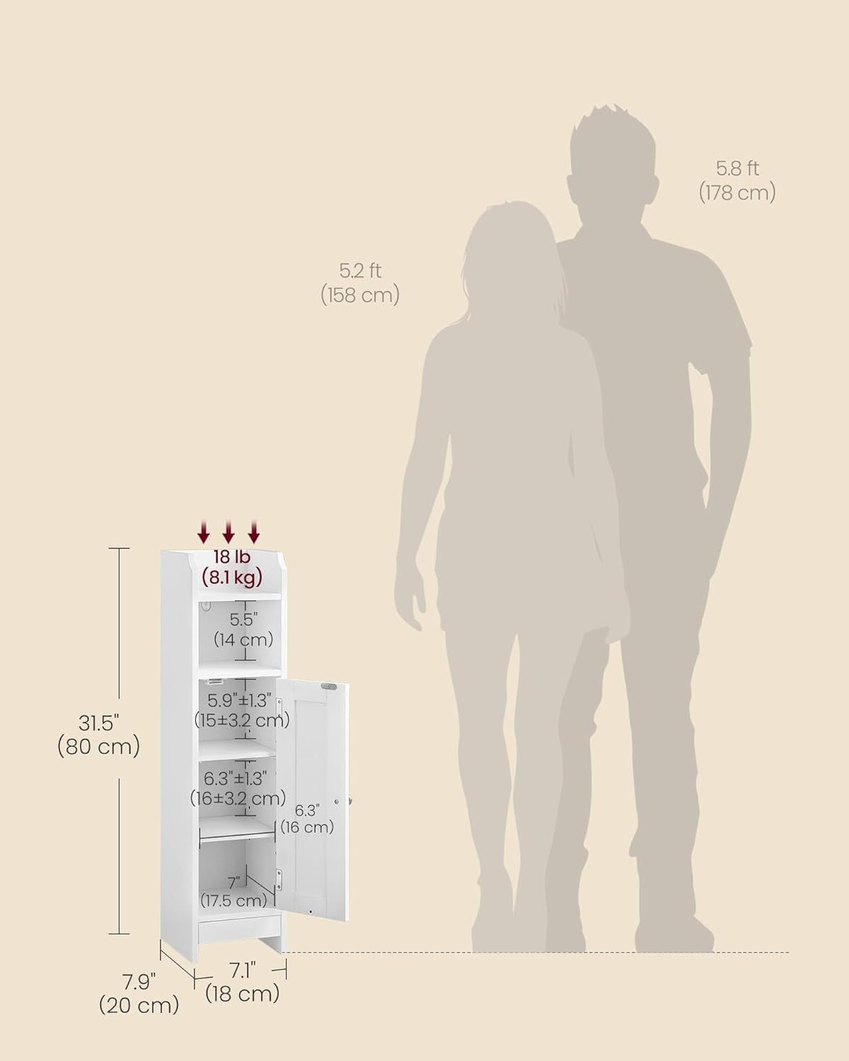 Slim White Bathroom Storage Cabinet with Door, Adjustable Shelf & Narrow Design