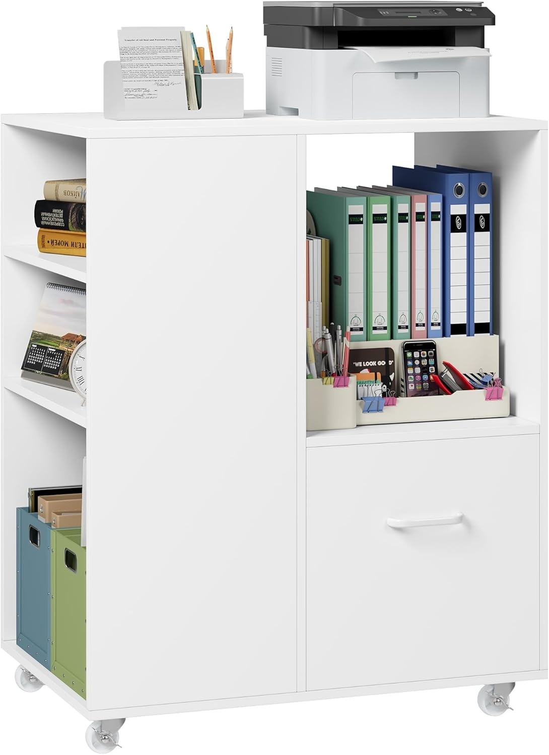 White Mobile File Cabinet 75cm Under Desk Storage with Shelves