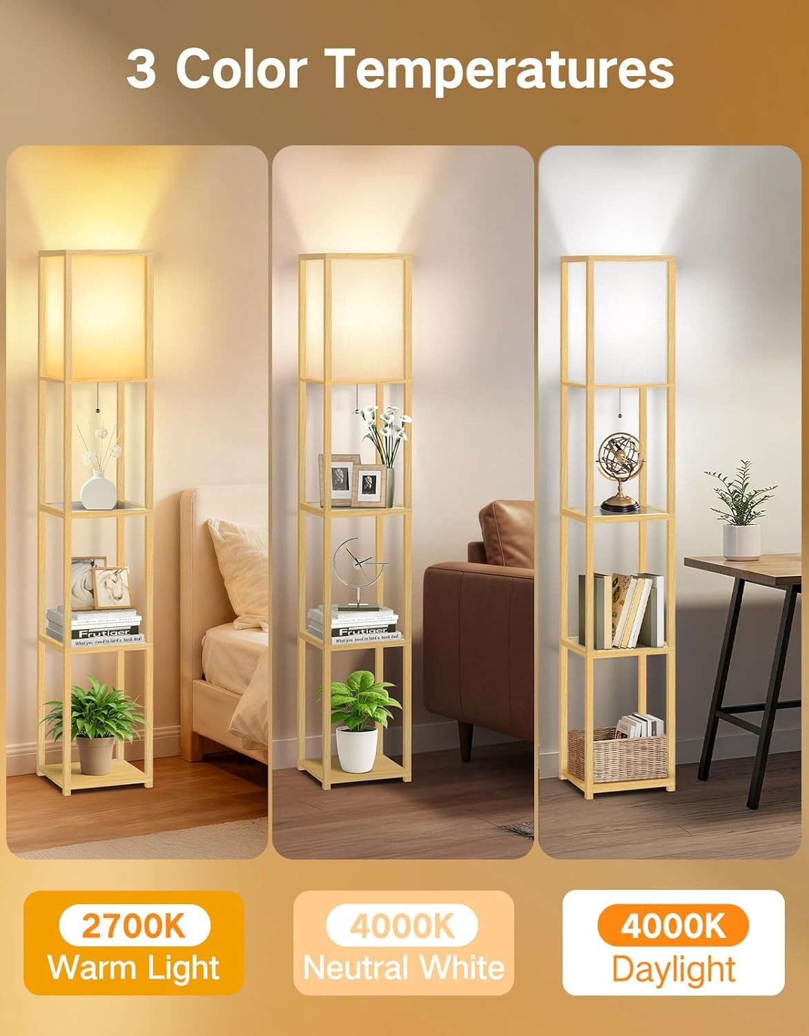 Floor Lamp with Shelves LED Adjustable Colour Standing Storage Light Wood