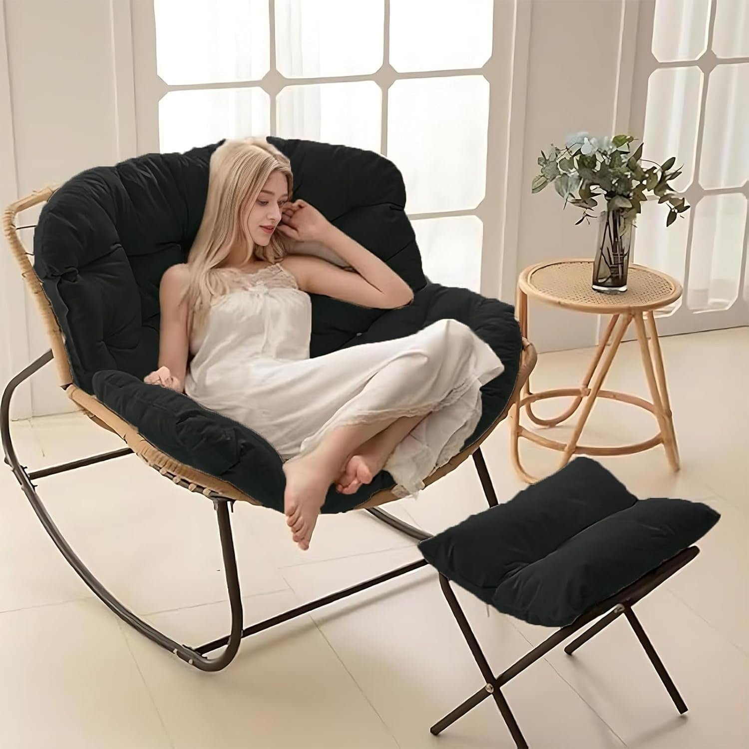 Oversized Rocking Chair with Footstool, Comfy Wicker Lounge Seat, Soft Cushion