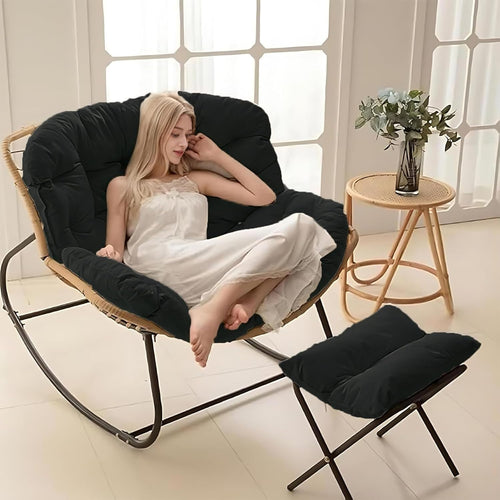 Oversized Rocking Chair with Footstool, Comfy Wicker Lounge Seat, Soft Cushion