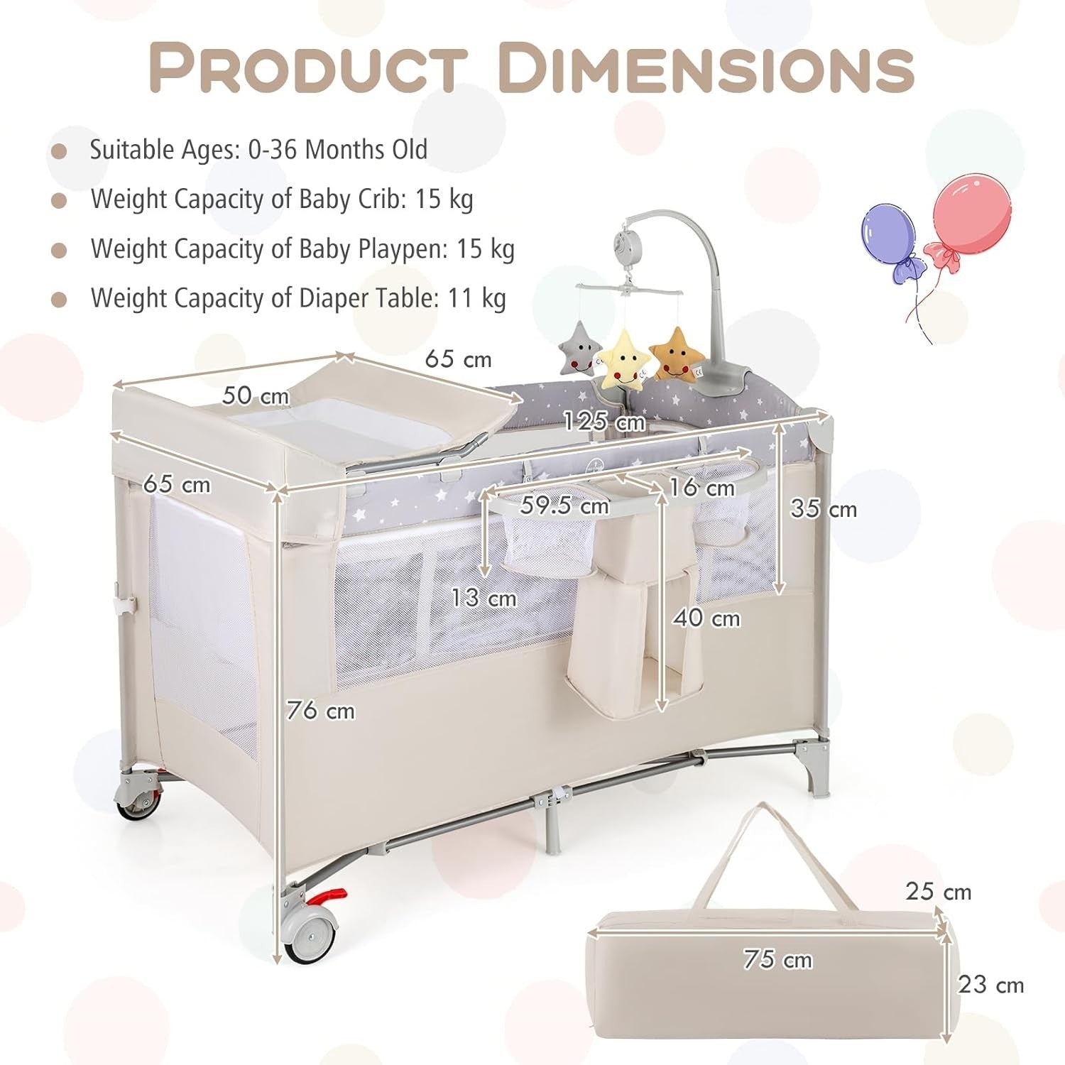 5in1 Baby Travel Cot Foldable Crib with Mattress Basket Changer & Storage Beige