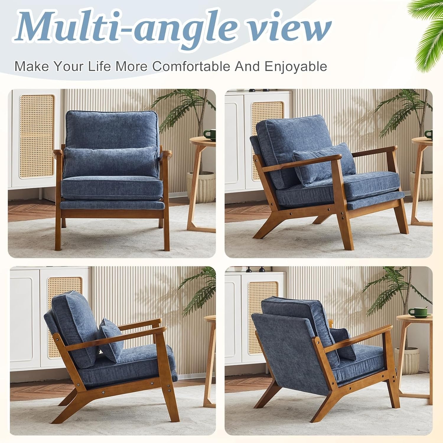 Sea Blue Chenille Accent Chair – Solid Wood Lounge Armchair Wide Arm