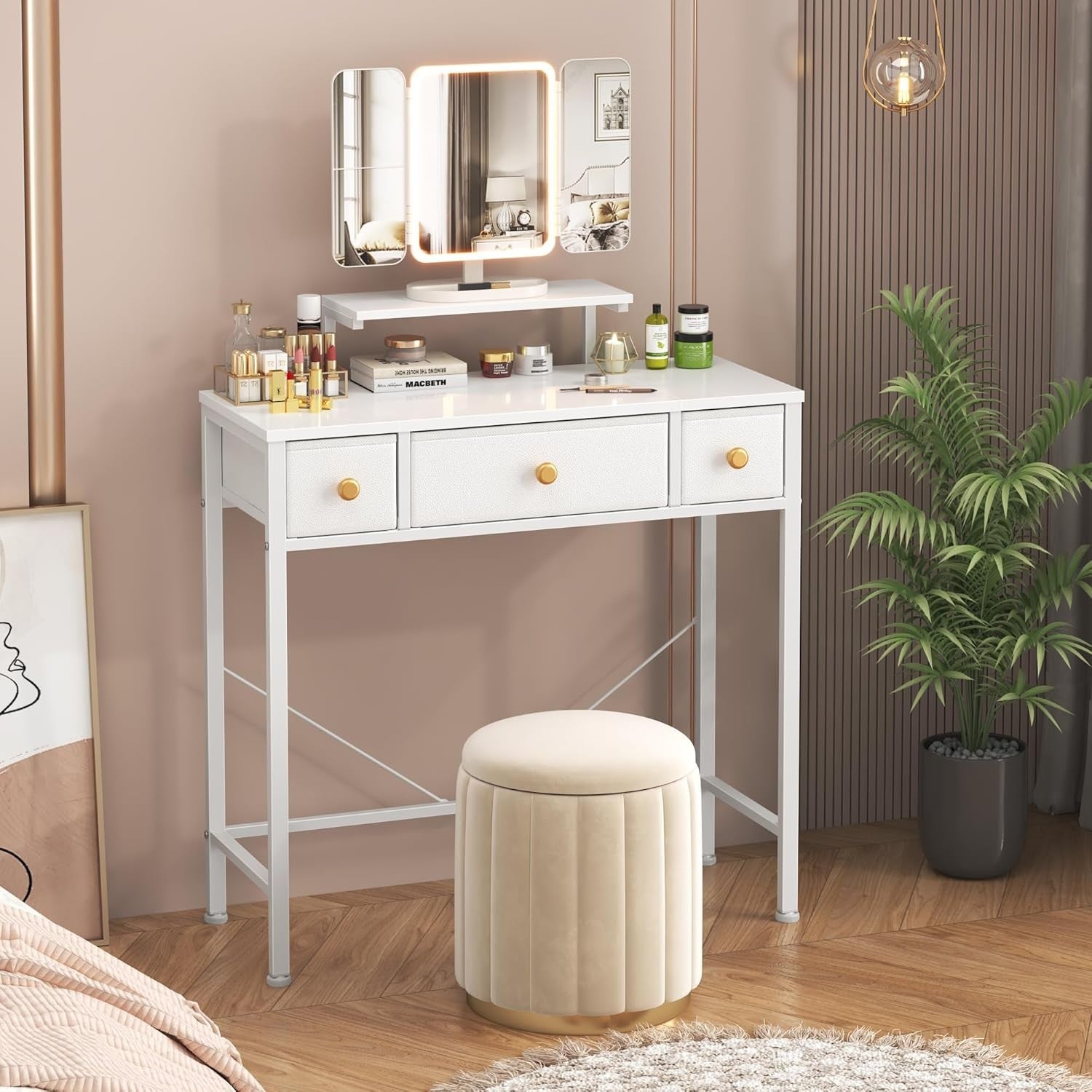 Vanity Makeup Dressing Table Desk 3-Fold LED Mirror Adjustable Height 3 Drawers