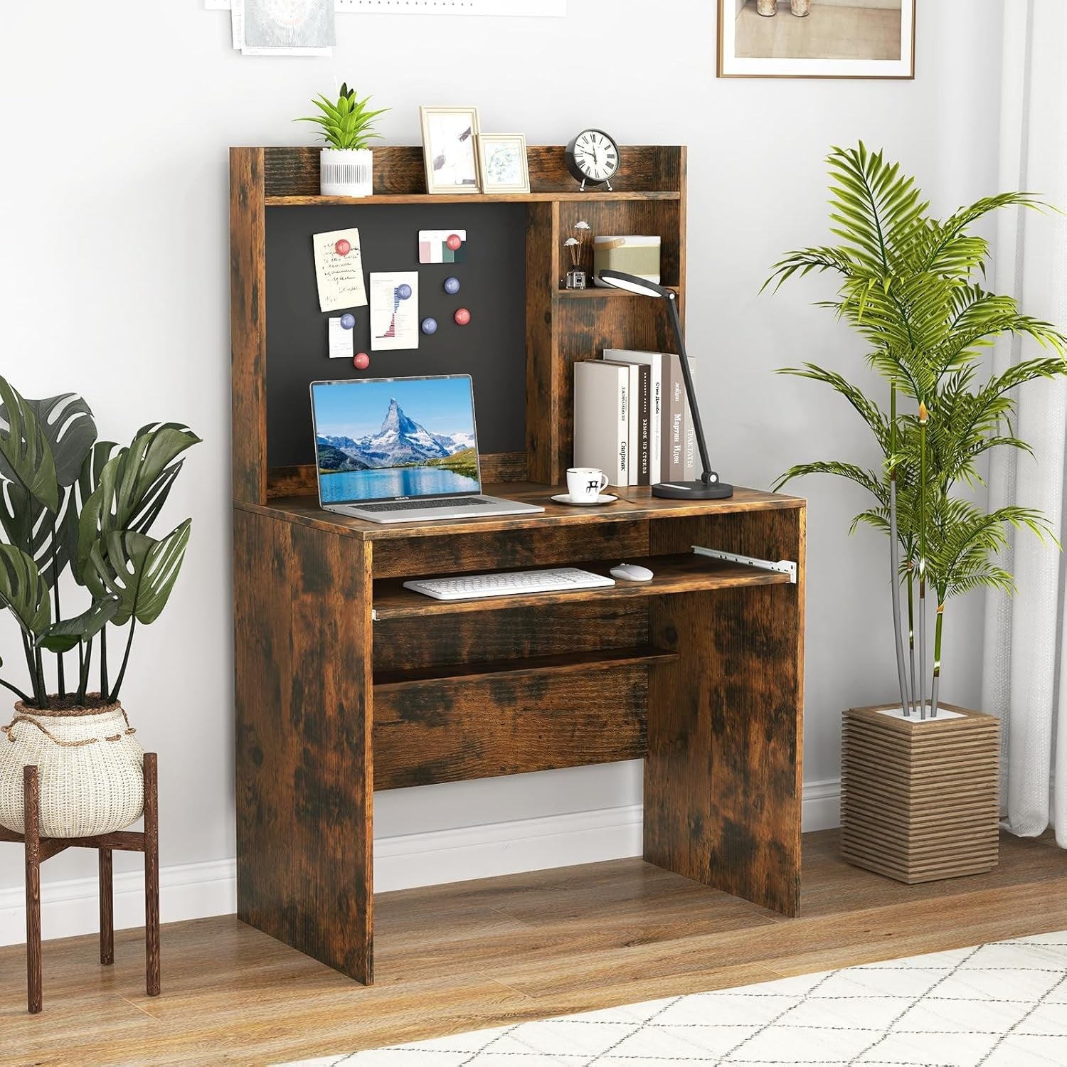 Computer Desk with Hutch Storage Keyboard Tray Study Workstation Rustic