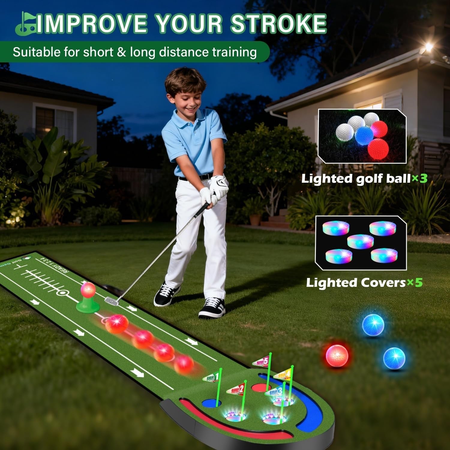 Indoor Golf Putting Mat Game Set LED Balls Glow Cups Kids Adults