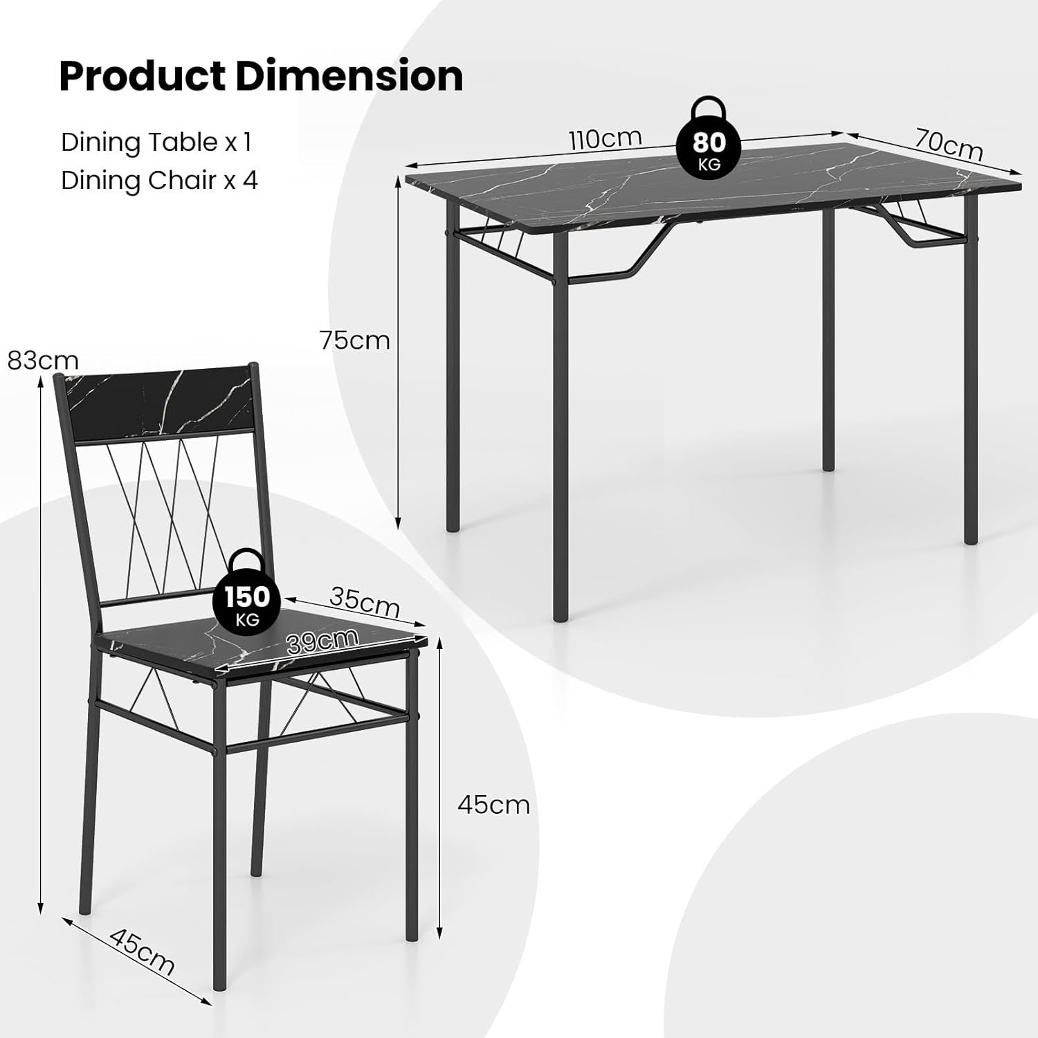 Black Marble Dining Table Set with 4 Chairs | Compact Kitchen & Living
