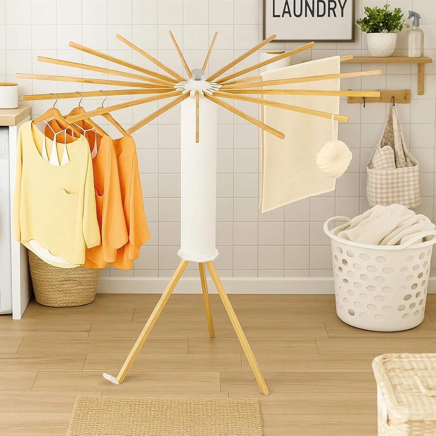 Wooden Clothes Airer Tripod Folding Laundry Drying Rack Portable