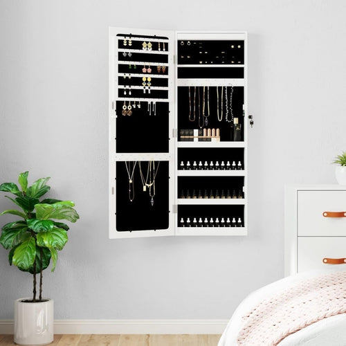 Tall LED Wall Jewelry Cabinet Frameless Mirror Lockable Storage White
