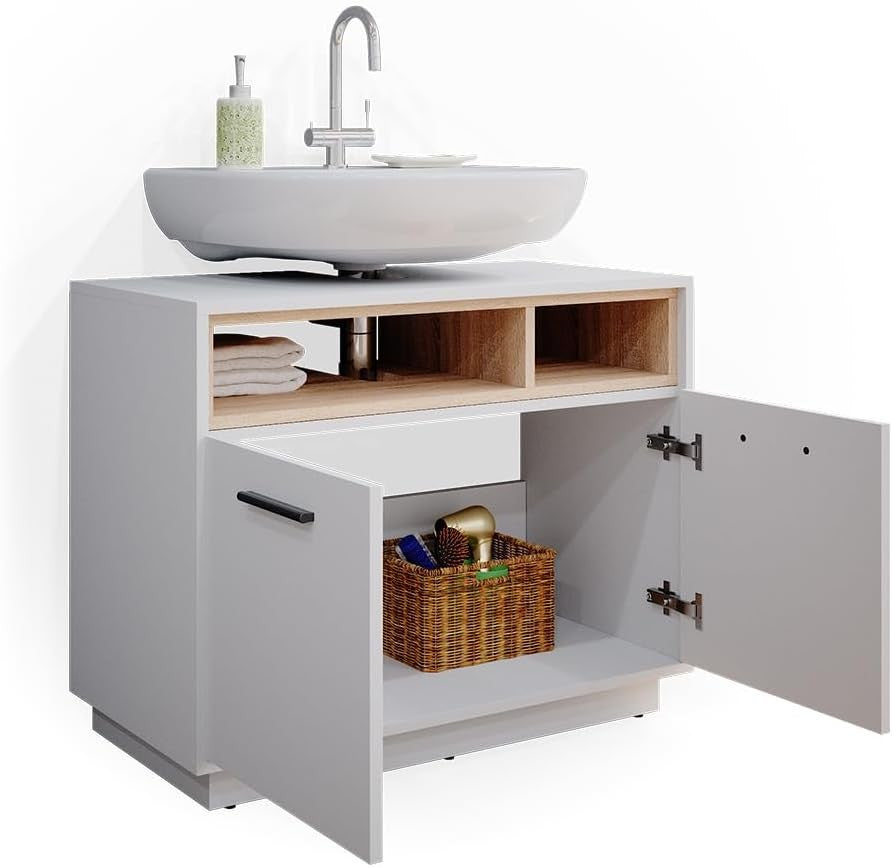 White Bathroom Sink Cabinet Vanity Storage Unit with Oak Shelves 80x64cm