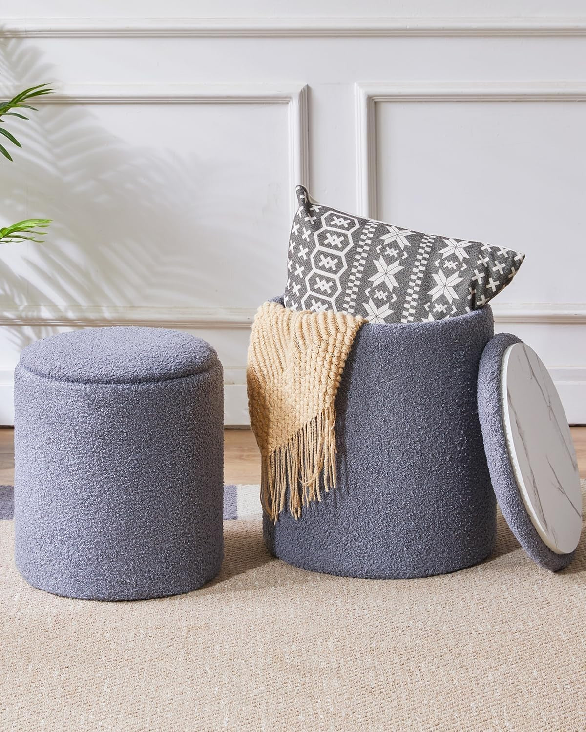 Set of 2 Round Fleece Ottomans with Storage – Nesting Footstools & Side Tables
