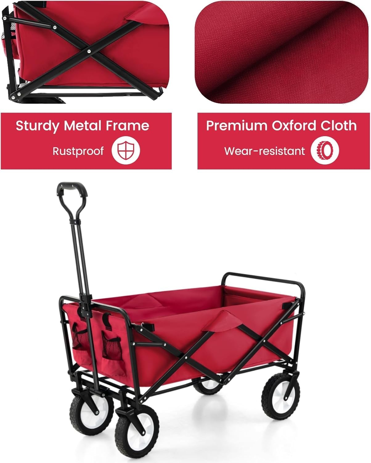 Red Folding Trolley Cart Heavy Duty Collapsible Garden Wagon Adjustable Handle