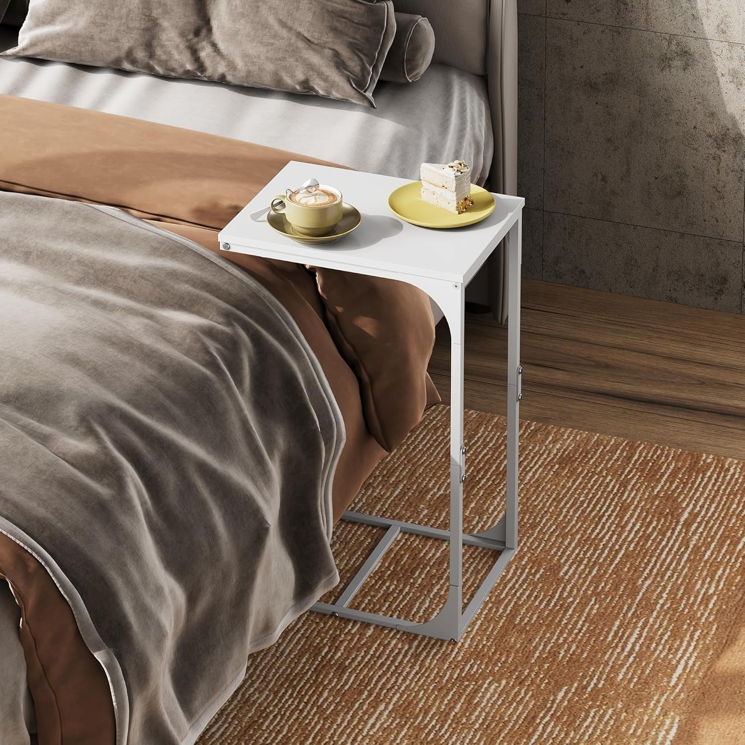 White C Shaped Side Table Sofa Bed Desk Small End Table for Compact Spaces