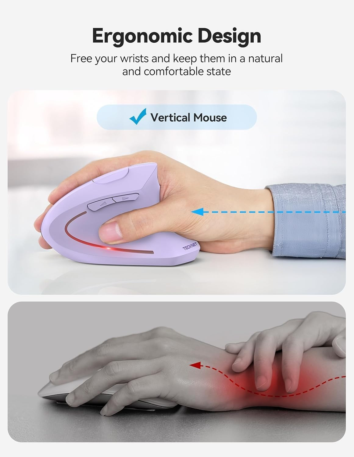 Purple Vertical Ergonomic Mouse Bluetooth Rechargeable 4800 DPI