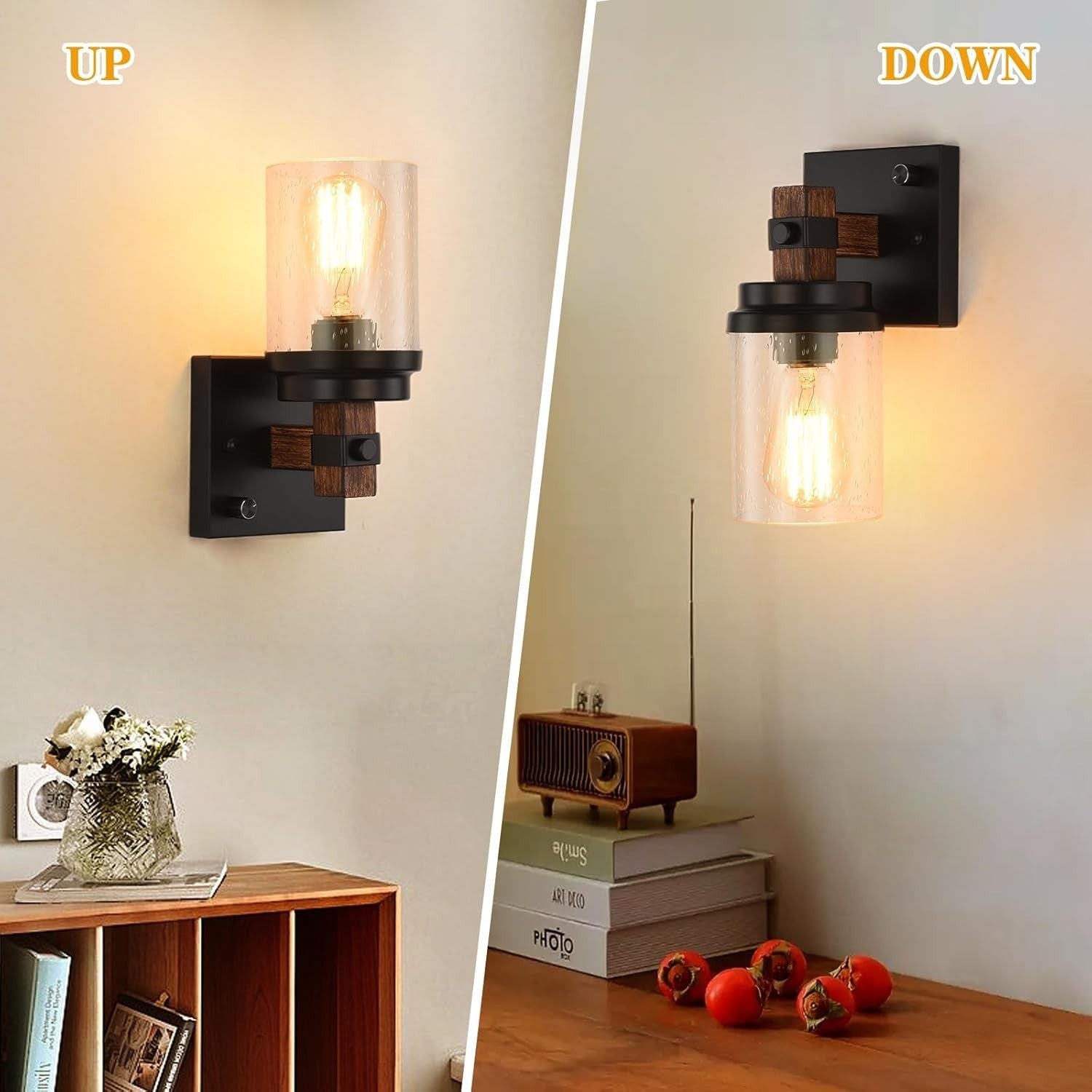Rustic Wall Sconces Set of 2 Dimmable Farmhouse Vanity Lights with Seeded Glass