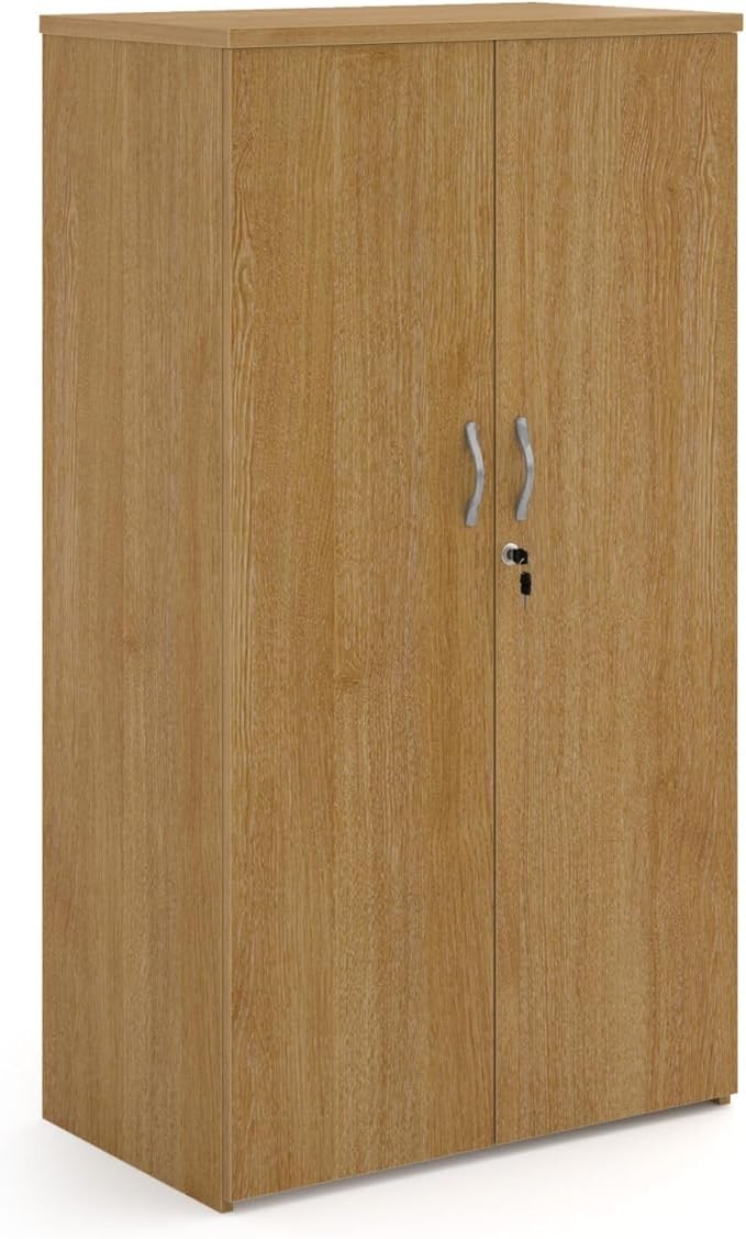 Oak Double Door Office Cupboard 3 Shelves Lockable Storage Cabinet 144cm