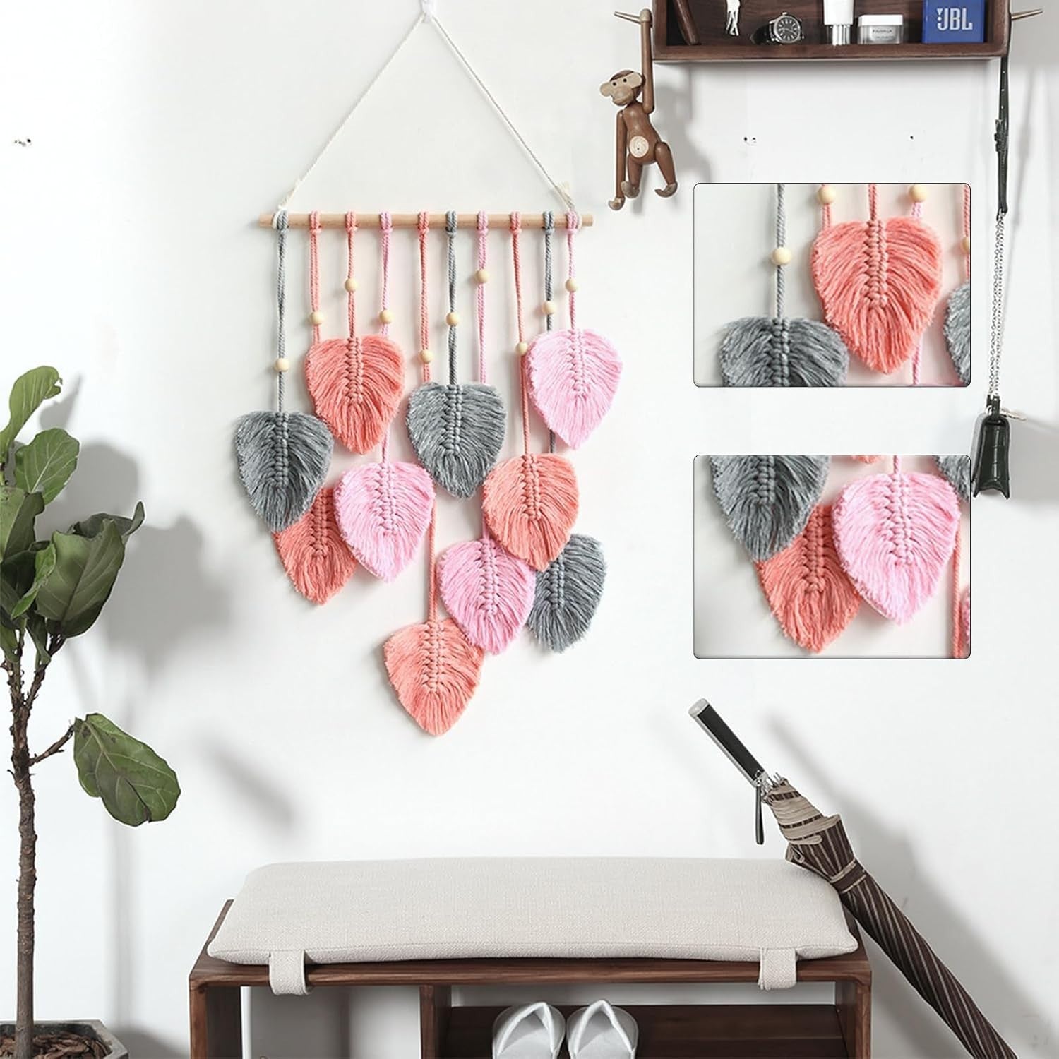 Pink Boho Macrame Leaf Wall Hanging 40x80cm Cotton Tapestry