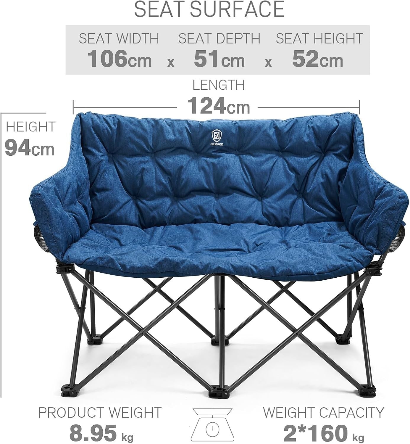 Heavy Duty Double Folding Camping Chair 300kg Capacity Outdoor Garden Sofa