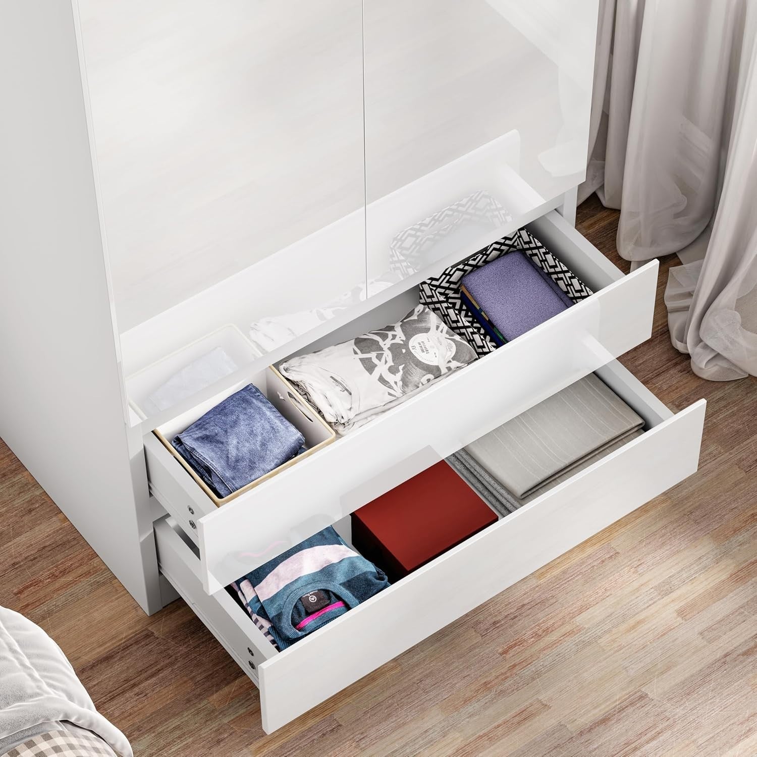 White 2 Door Wardrobe with 2 Drawers High Gloss Finish Storage Unit
