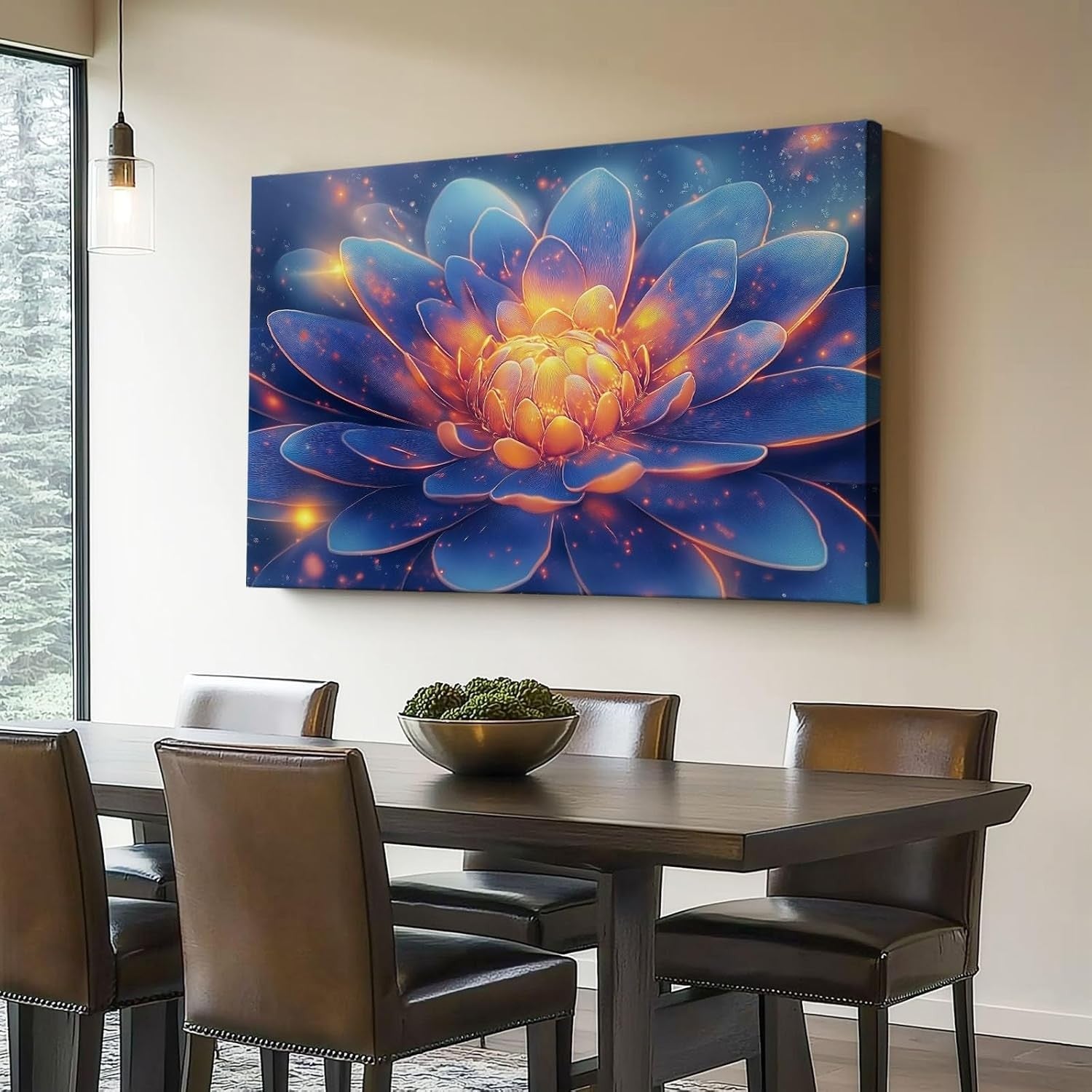 Extra Large Blue Orange Lotus Canvas Wall Art 100x50cm