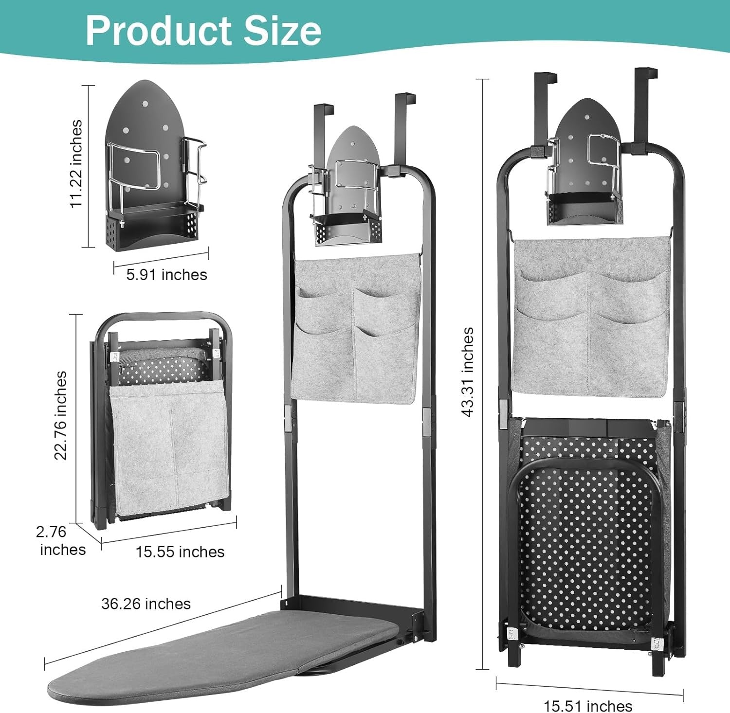 Door Ironing Board Space Saving Hanging Foldaway with Iron Holder