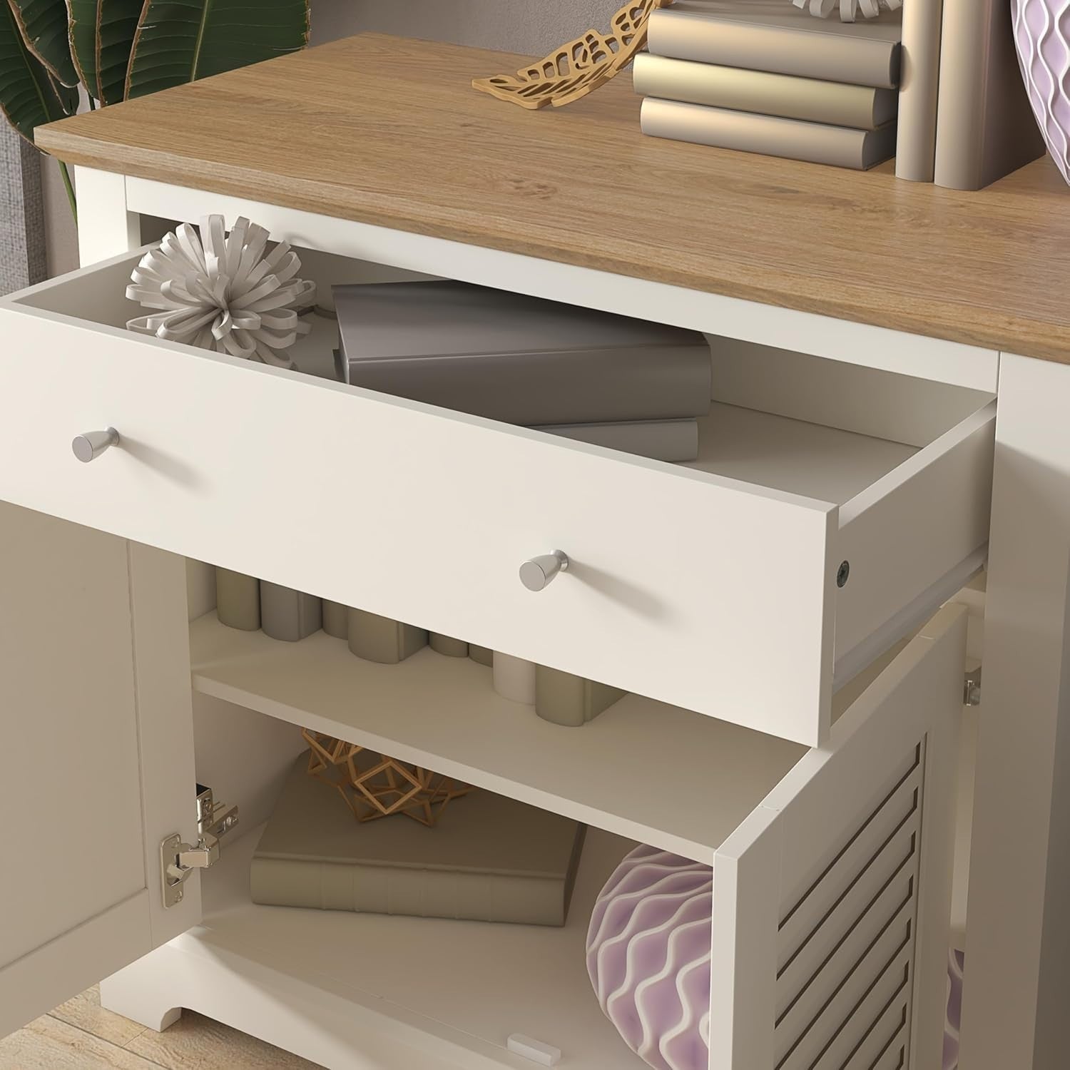 Modern Storage Cabinet Sideboard 2 Door 1 Drawer Ivory Oak Hallway Unit