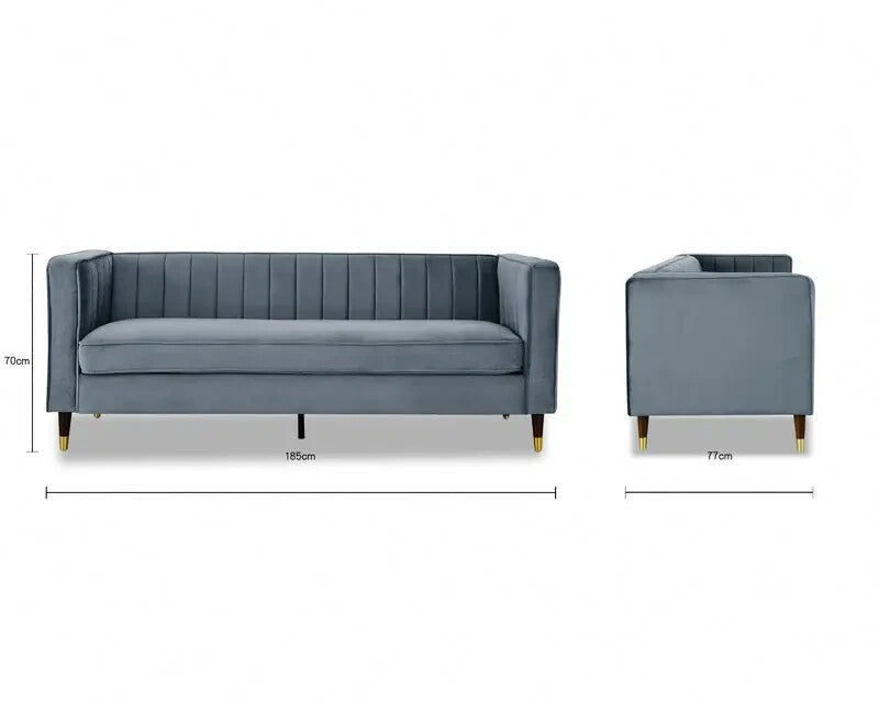 Grey Velvet 3 Seater Sofa Ribbed Back Gold Tip Legs High Arm Modern Couch