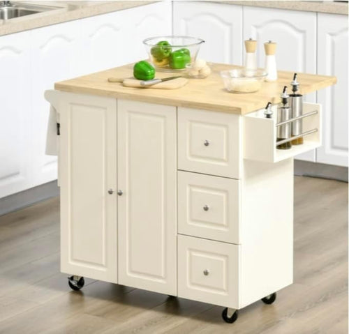Kitchen Island Trolley with Drop Leaf & Drawer White 111.5x45-75x89cm