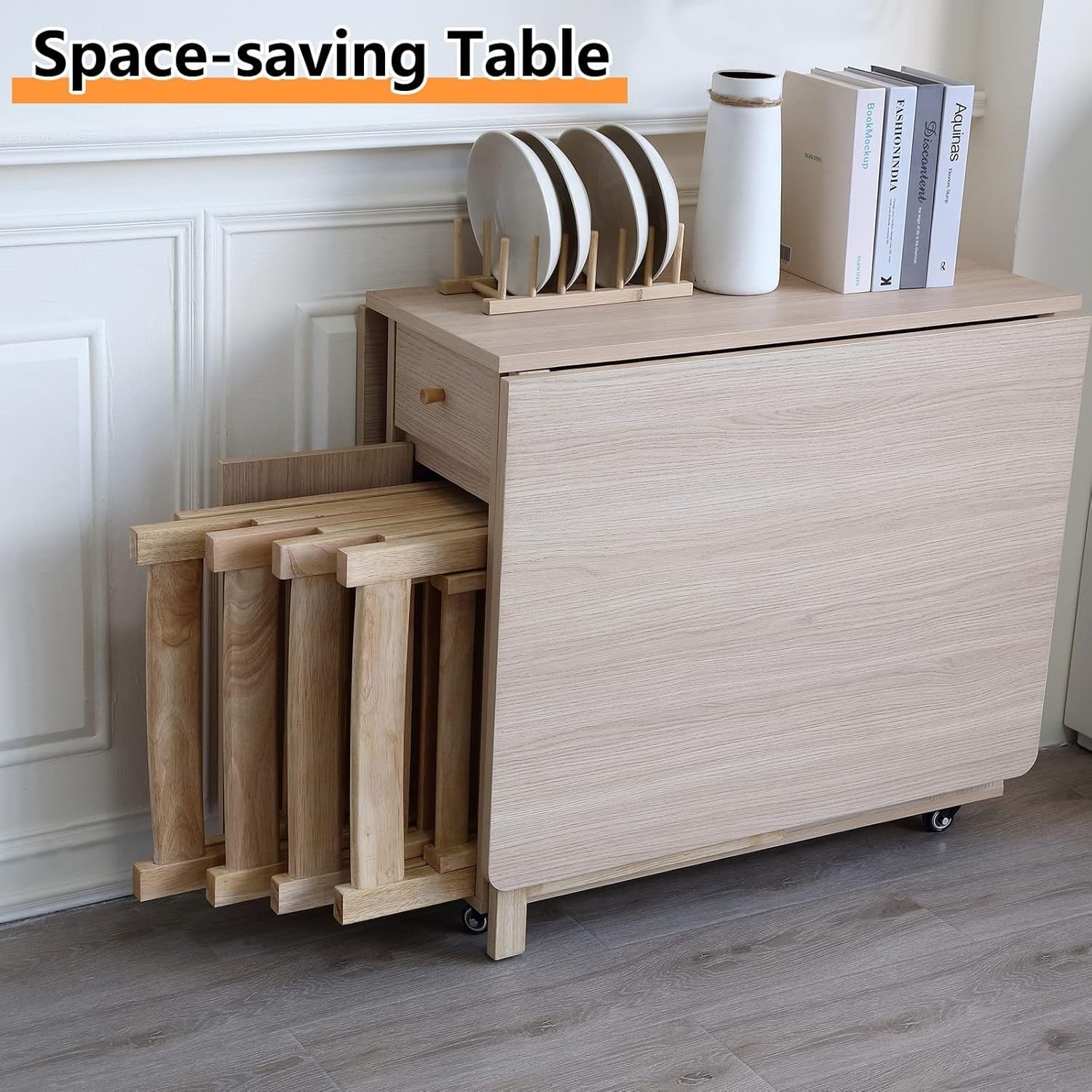 Extendable Folding Dining Table with Drawers & Wheels for Small Spaces