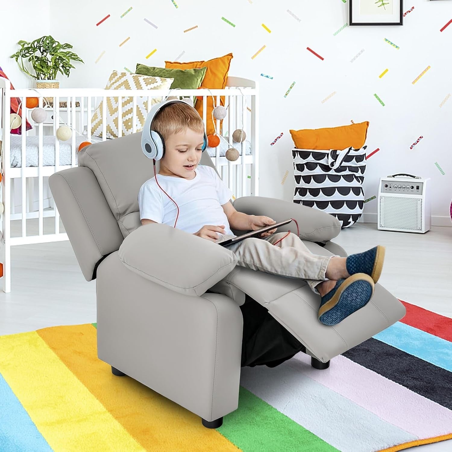 Kids Recliner Chair Adjustable Backrest & Footrest PU Leather Sofa 66x60x73cm