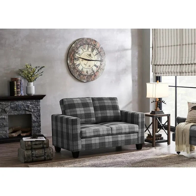 Grey Tartan 2 Seater Fabric Sofa Compact Stylish Wooden Frame UK Cert