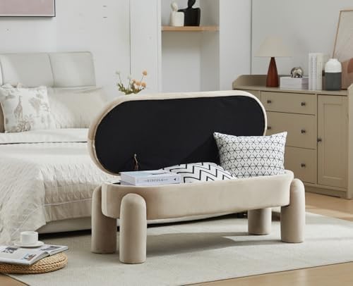 Velvet Upholstered Storage Bench Modern Bedroom Window Seat Khaki