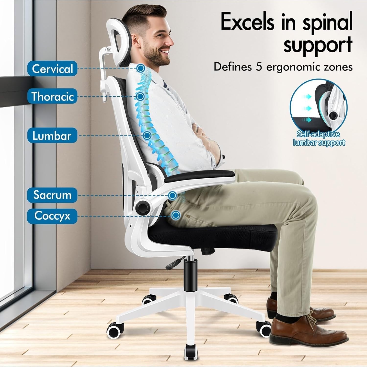 Ergonomic Office Chair Mesh Back High-Back Computer Desk Flip-Up Arms Black