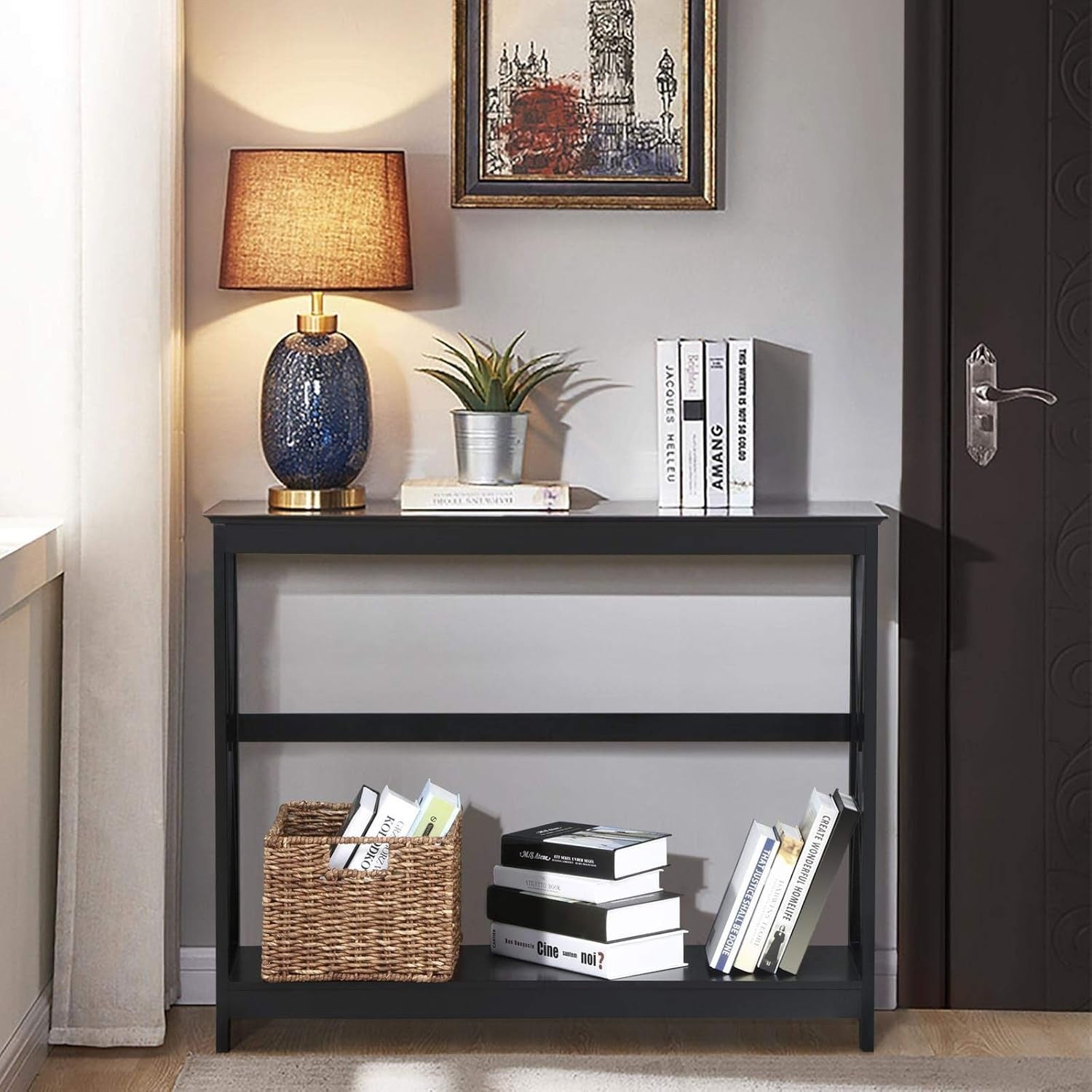 2 Tier Black Console Table with Shelf for Hallway Entryway Living Room