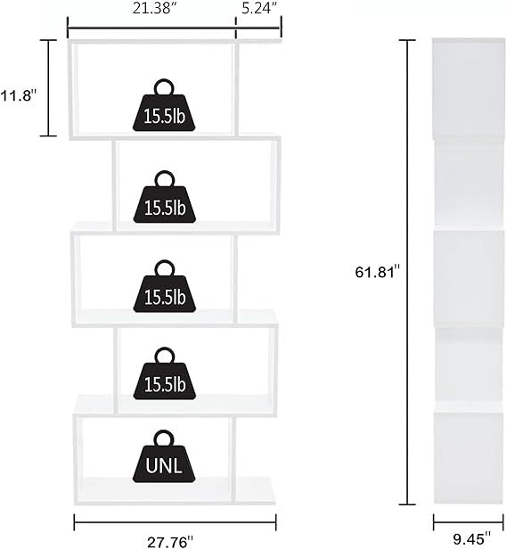 White 5-Tier S-Shaped Geometric Bookshelf Modern Display Storage Unit
