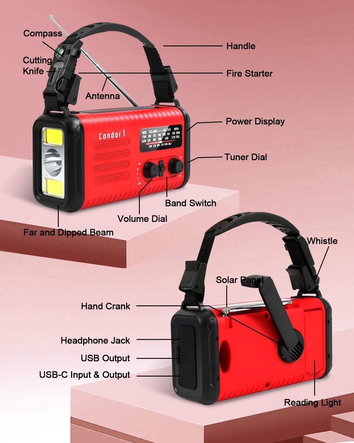 Wind Up Red Solar Emergency Radio with 20000mAh Battery, AM/FM & Flashlight