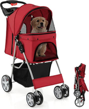 Red Pet Stroller Foldable Dog Cat Pushchair 15kg Storage Basket