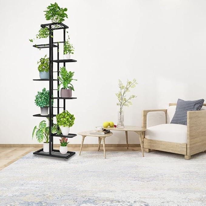 8 Tier Tall Metal Plant Stand Dark Grey Indoor Outdoor Flower Pot Shelf Rack