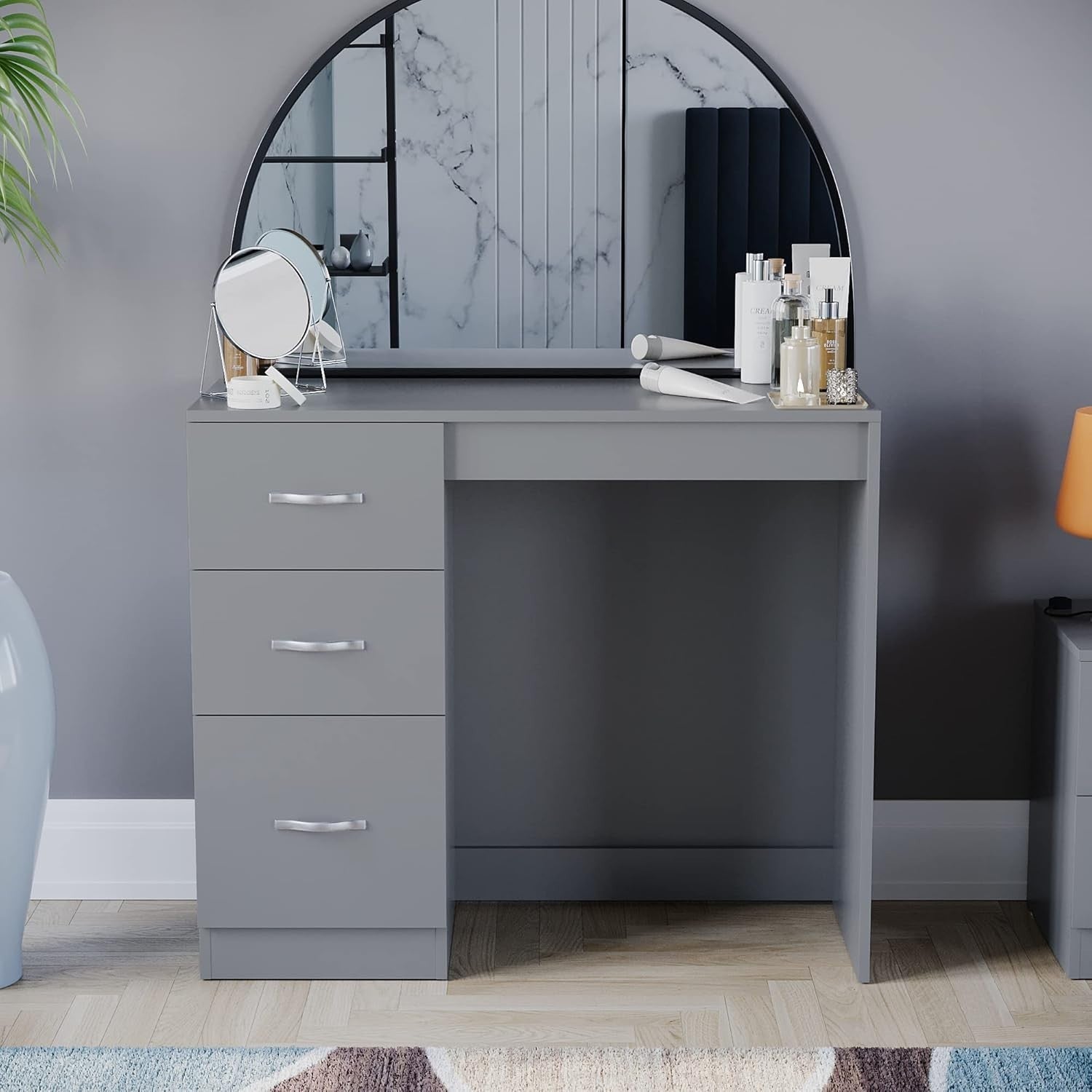Grey Dressing Table Modern Vanity Desk 3-Drawer Storage Makeup Engineered Wood