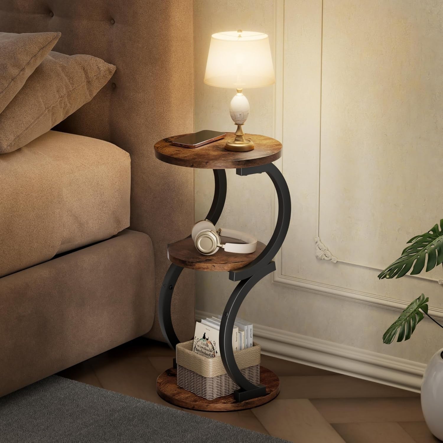 3-Tier Round Small Side Table with Storage, Rustic Brown S-Shaped End Table