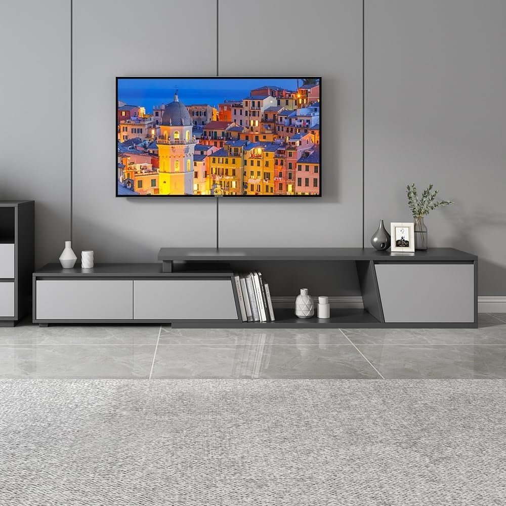 Extendable TV Console Gray with 3 Drawers Modern Entertainment Stand 110"
