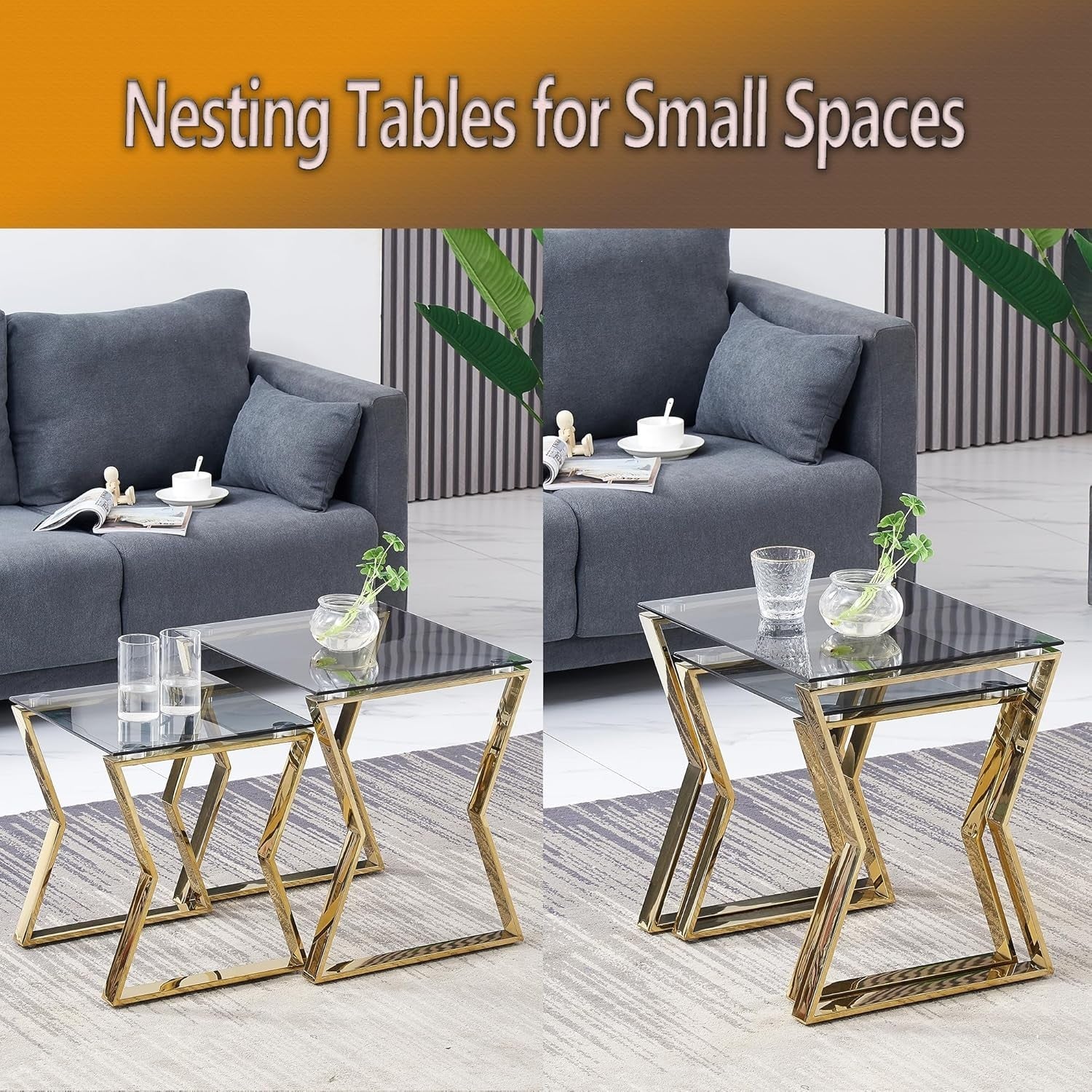 Modern Nesting Coffee Table Set of 2 End Side Stackable Metal Glass Gold