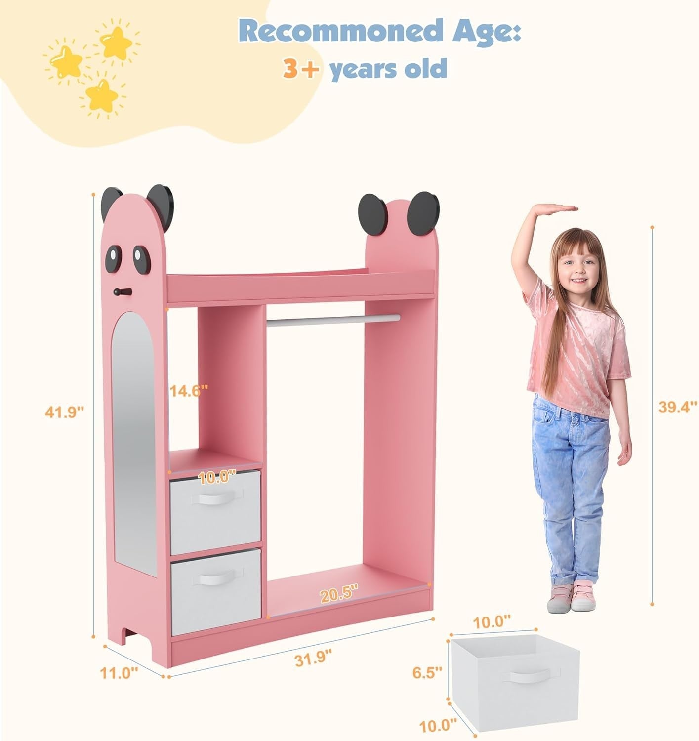 Kids Dress Up Wardrobe with Mirror, Hanging Rail & 2 Drawers Pink Storage