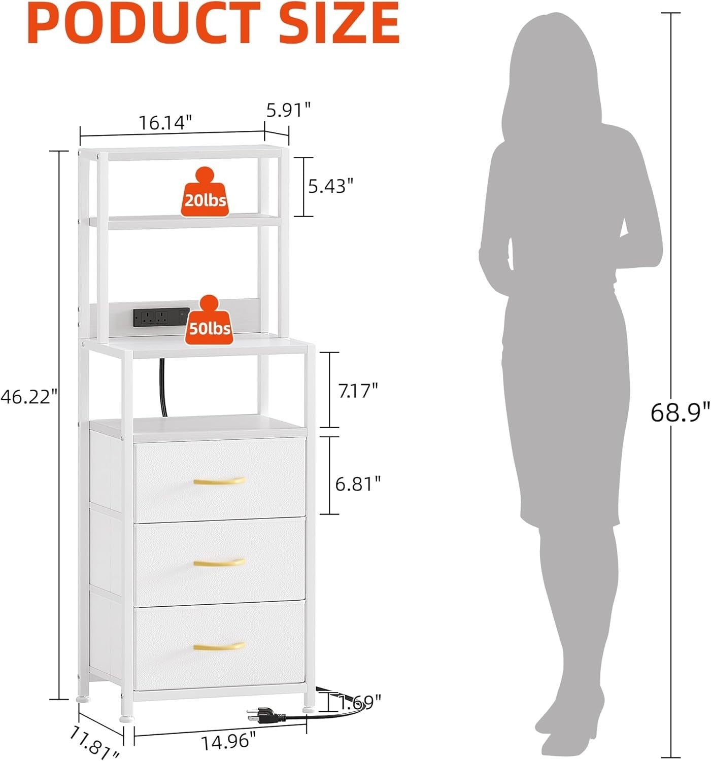 Tall Bedside Table with USB Charging, 3 Drawers + Shelves