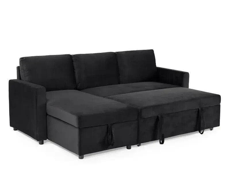 3 Seater Sofa Bed Pull-Out Reversible Chaise Black Velvet Storage Couch