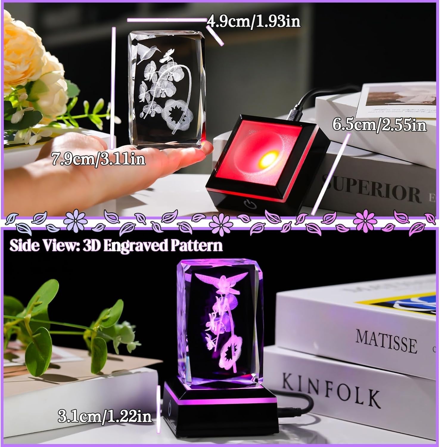 3D Crystal Orchid LED Light Cube Gift for Mum Wife Women Birthday Home Decor